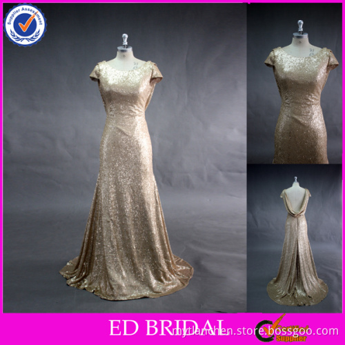 LN149 2015 Fashion gold sequin short sleeve sexy backless real sample bridesmaid dress